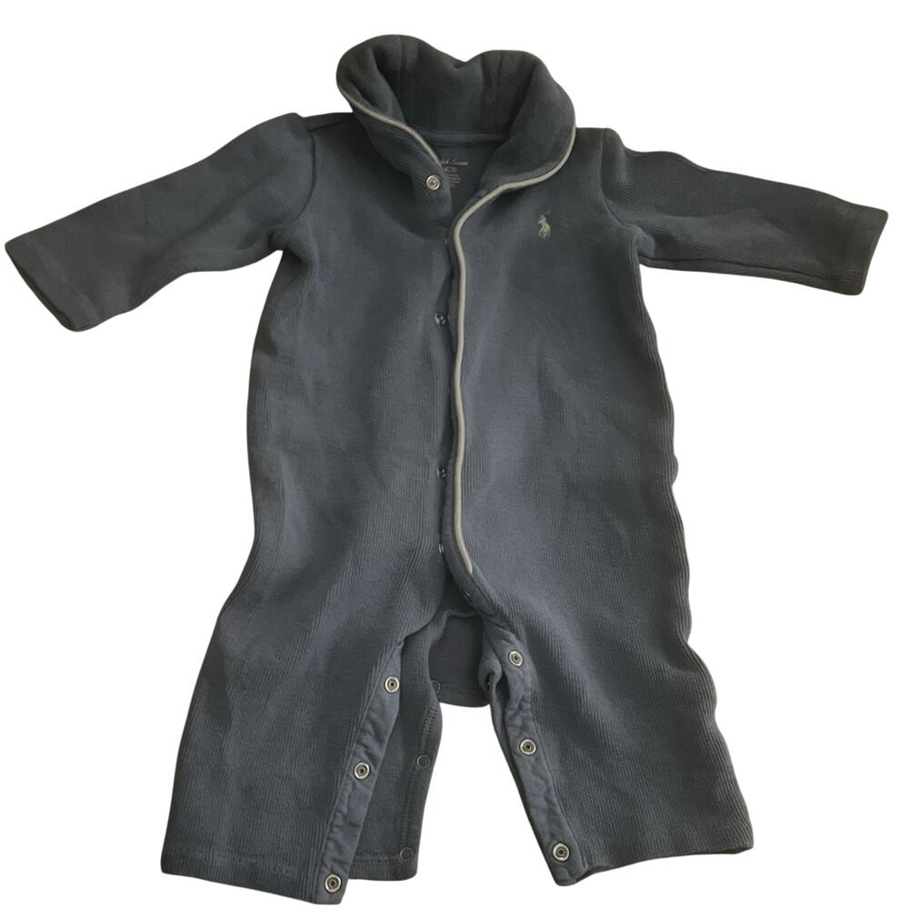 Ralph Lauren Knit Coverall One-Piece Cotton Blue 6 Months Long Sleeve Collared